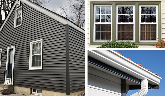 A collage of siding,window and gutter installation