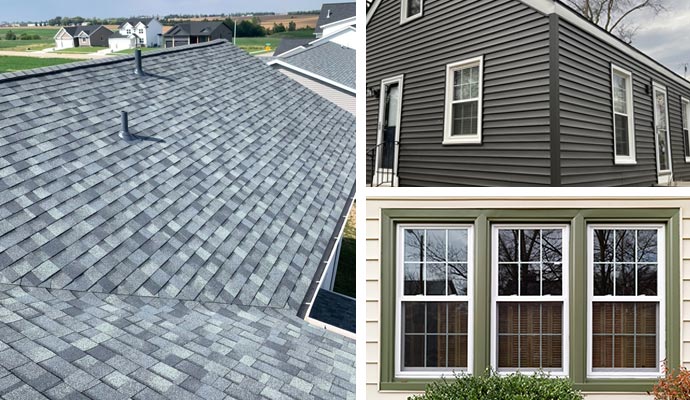 A collage o roofing, siding and window services