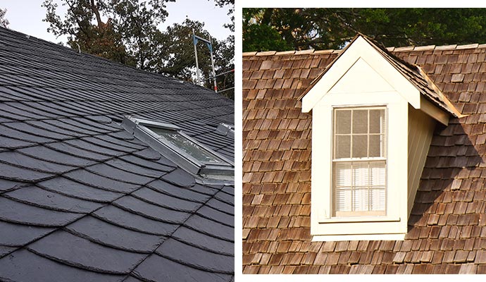 A collage of slate and wood roofing