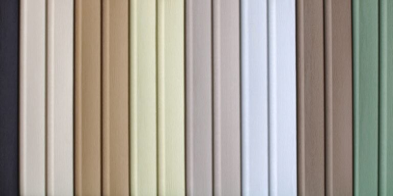 multicolored strips of vinyl siding samples for facing the walls of buildings as a background.